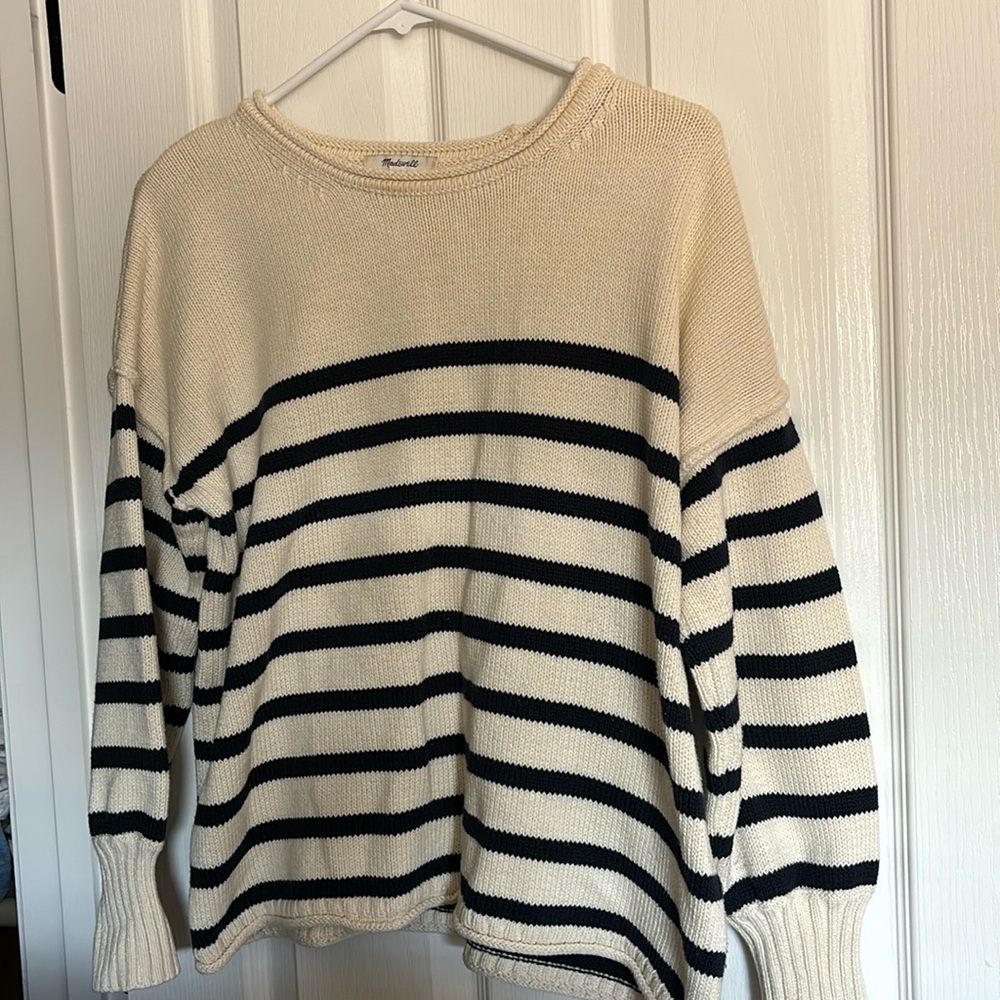 Madewell Conway Pullover Sweater in Stripe in Antique Cream